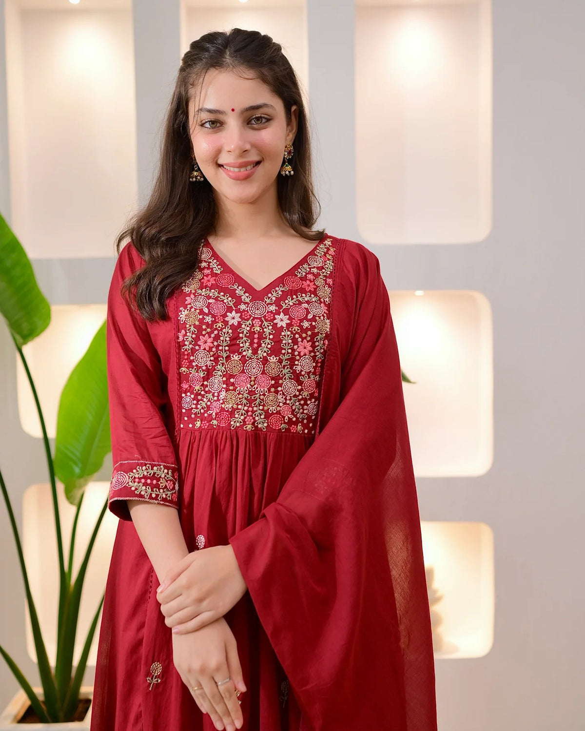 Red Embroidered Viscose Kurta Pant Set with Dupatta