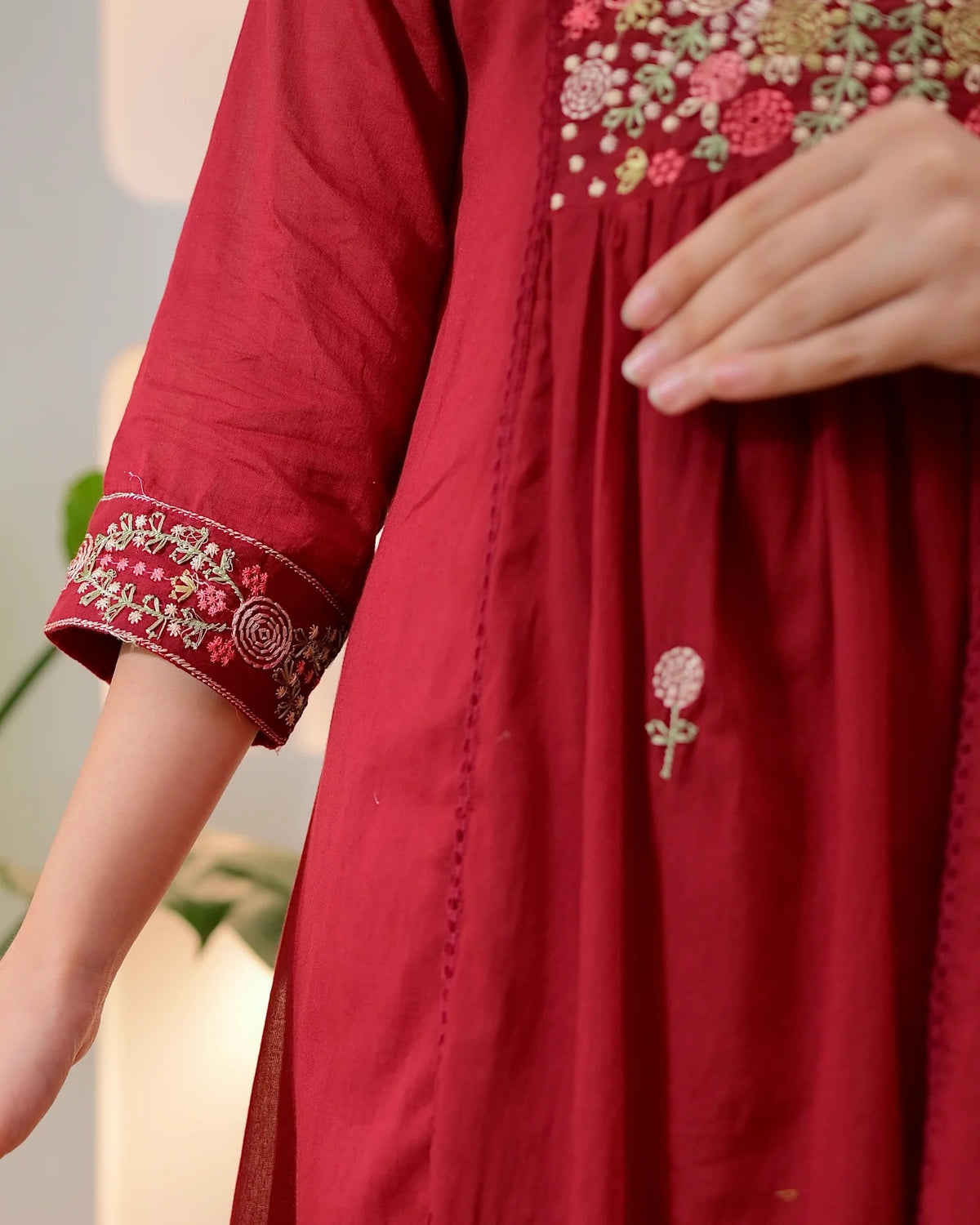 Red Embroidered Viscose Kurta Pant Set with Dupatta