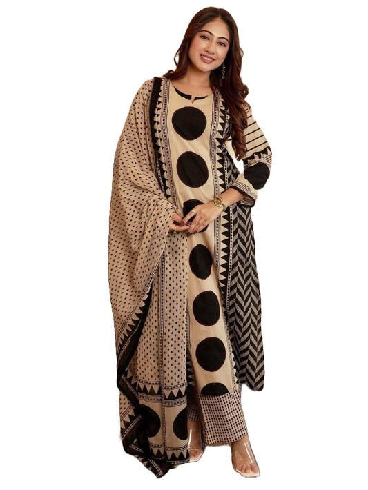 Beige & Black Printed Viscose Straight Kurta Set with Pants & Dupatta