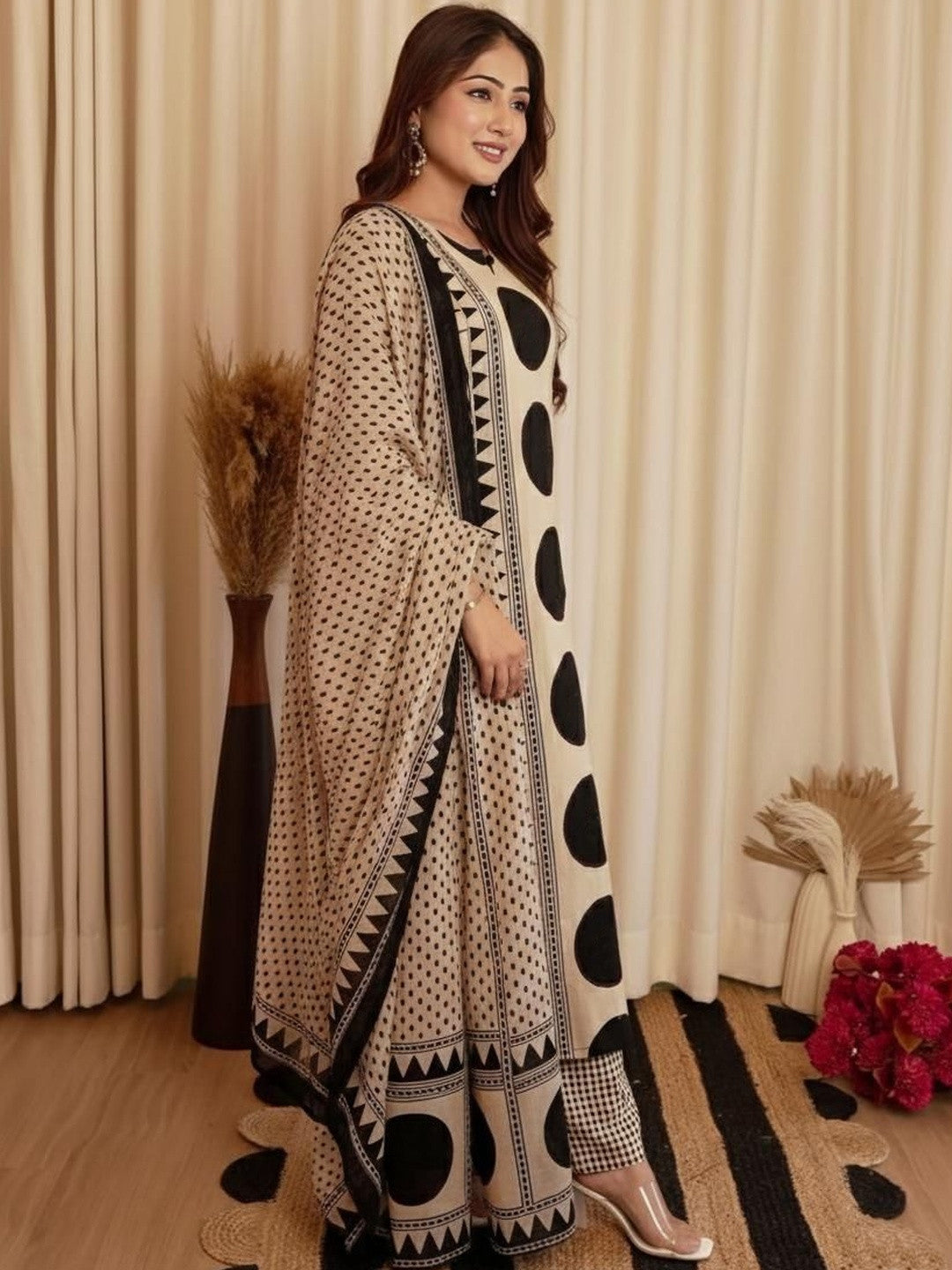 Beige & Black Printed Viscose Straight Kurta Set with Pants & Dupatta