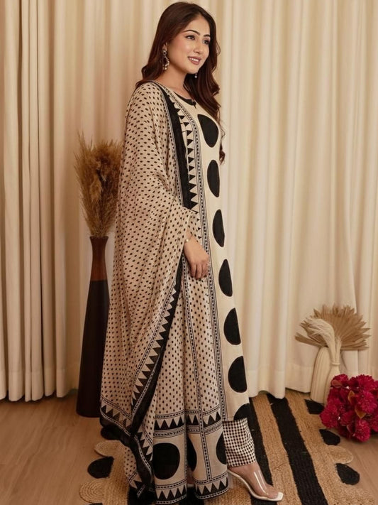 Beige & Black Printed Viscose Straight Kurta Set with Pants & Dupatta