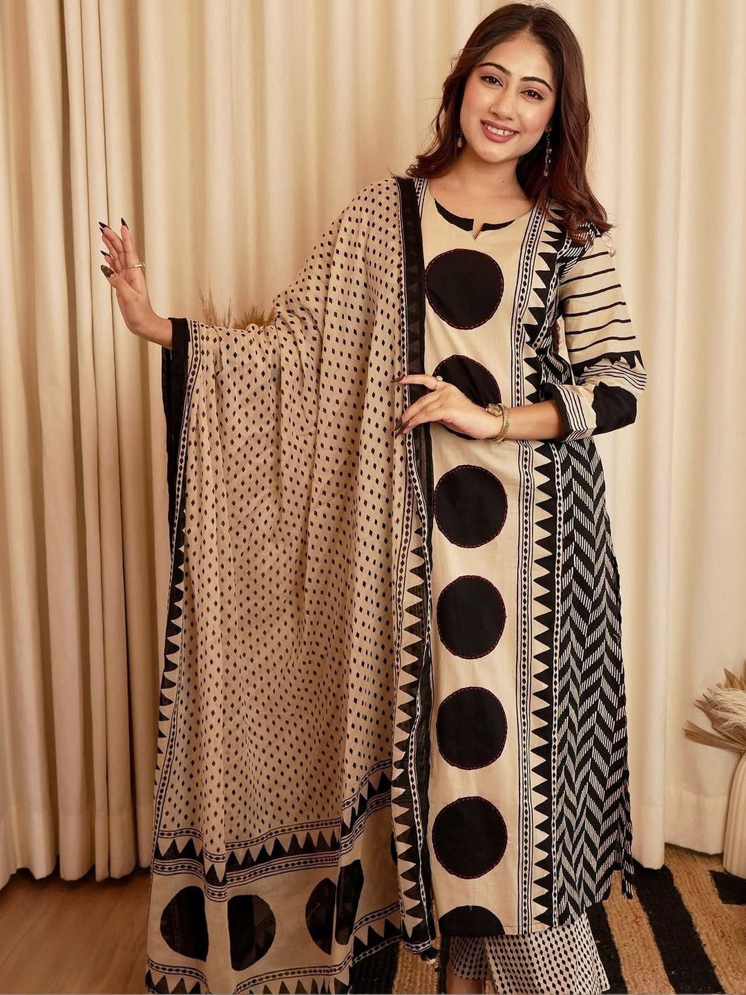 Beige & Black Printed Viscose Straight Kurta Set with Pants & Dupatta