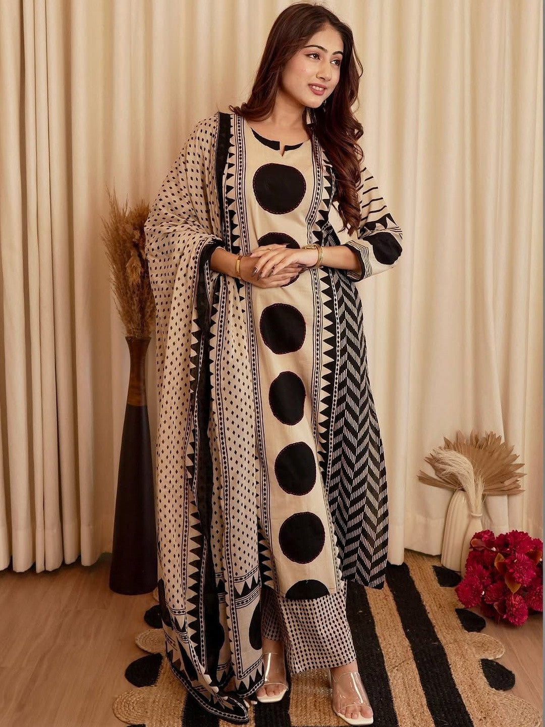 Beige & Black Printed Viscose Straight Kurta Set with Pants & Dupatta