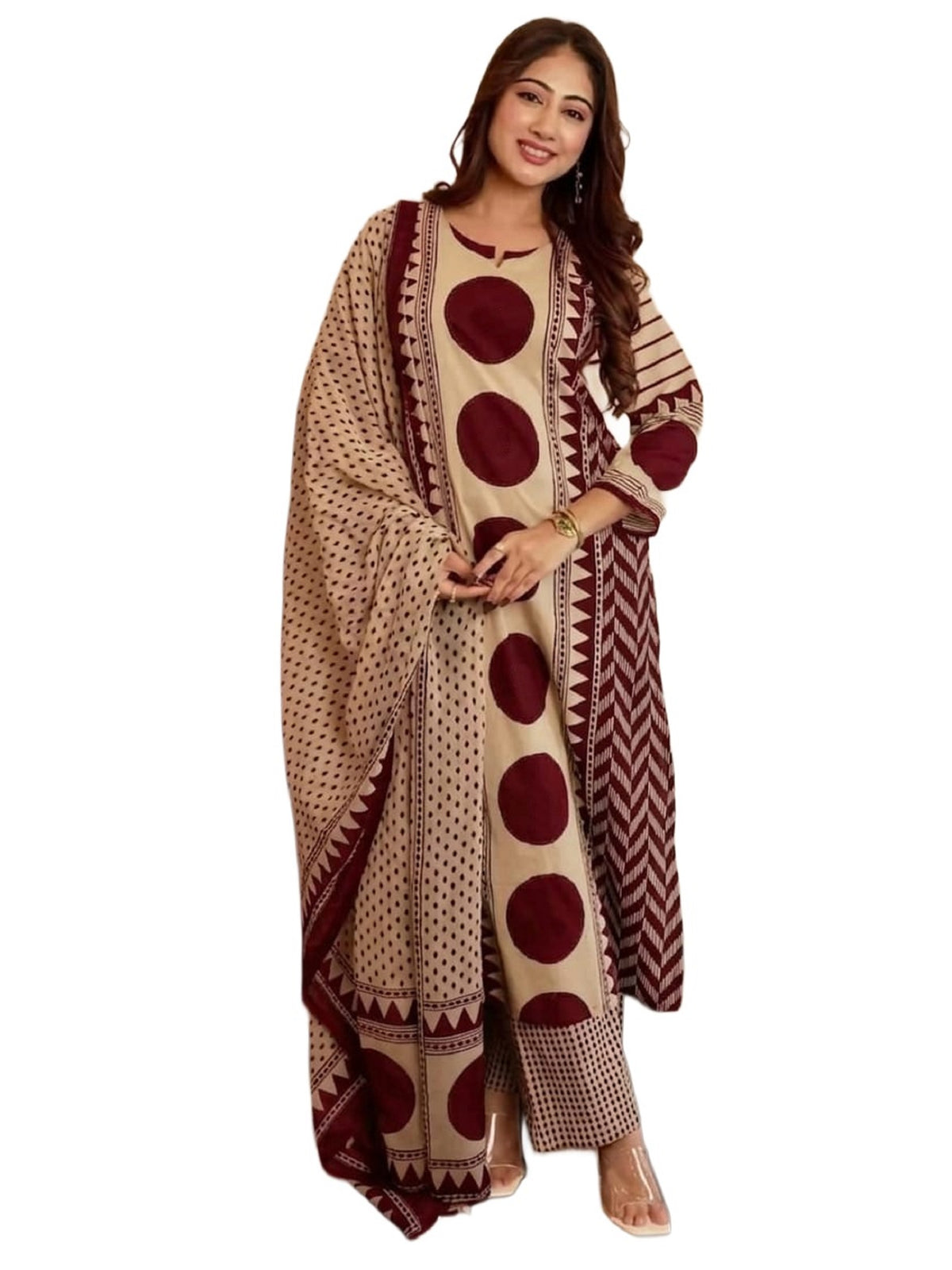 Beige & Maroon Printed Viscose Straight Kurta Set with Pants & Dupatta