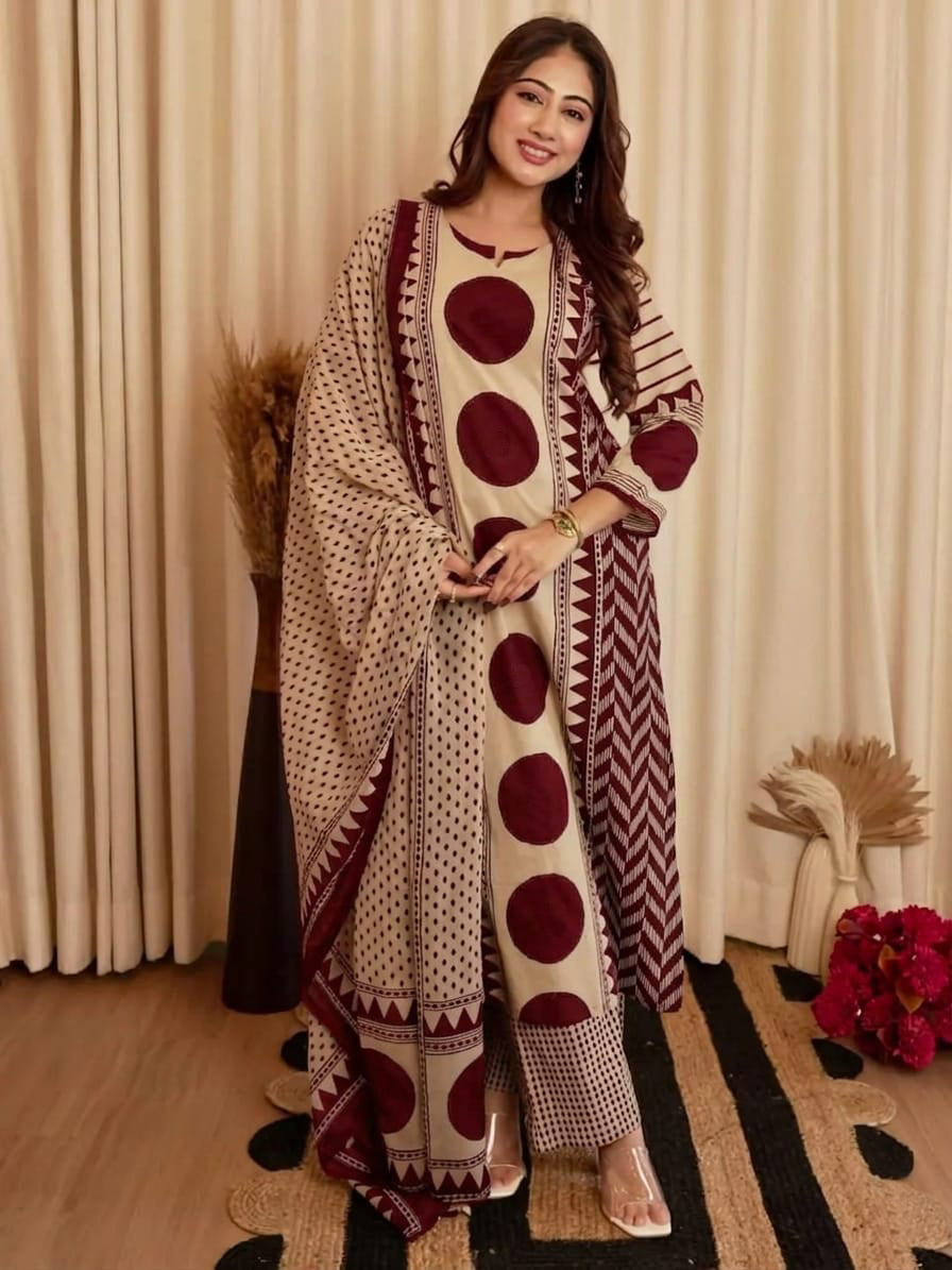 Beige & Maroon Printed Viscose Straight Kurta Set with Pants & Dupatta