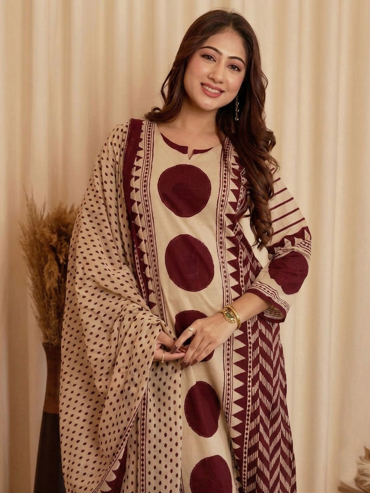 Beige & Maroon Printed Viscose Straight Kurta Set with Pants & Dupatta