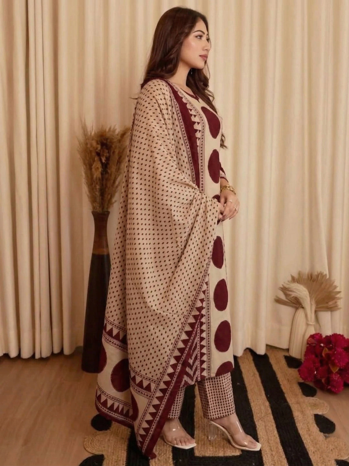 Beige & Maroon Printed Viscose Straight Kurta Set with Pants & Dupatta