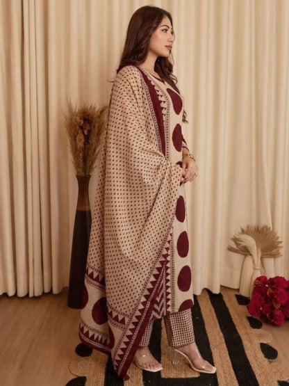 Beige & Maroon Printed Viscose Straight Kurta Set with Pants & Dupatta