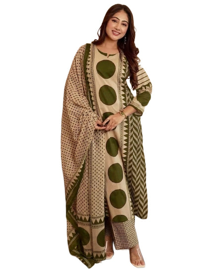 Green Printed Viscose Straight Kurta Set with Pants & Dupatta