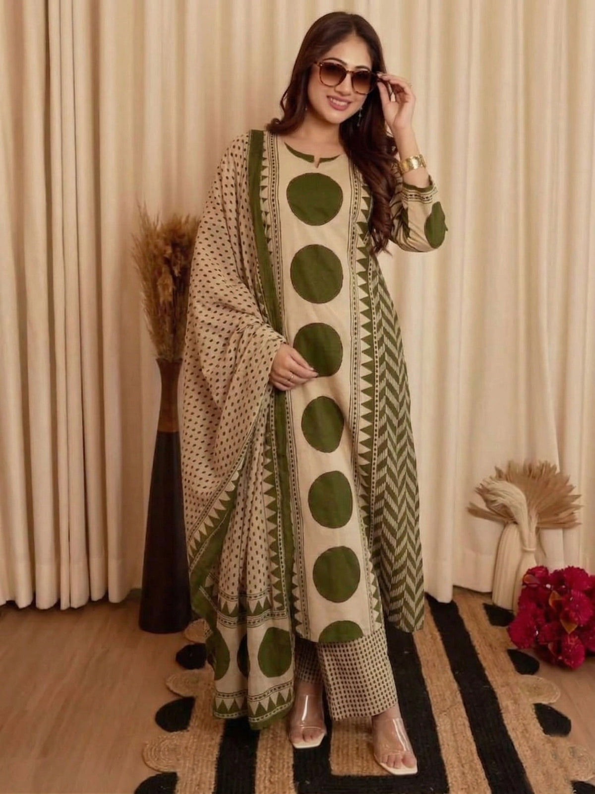 Green Printed Viscose Straight Kurta Set with Pants & Dupatta