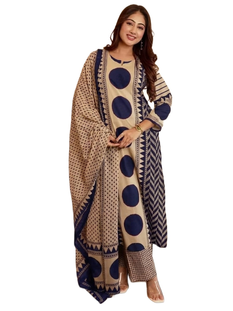 Peach & Blue Printed Viscose Straight Kurta Set with Pants & Dupatta