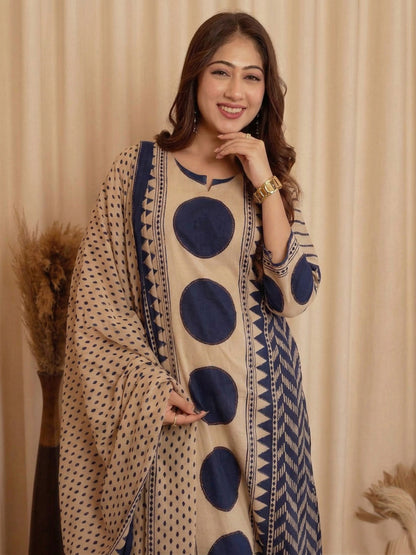 Peach & Blue Printed Viscose Straight Kurta Set with Pants & Dupatta