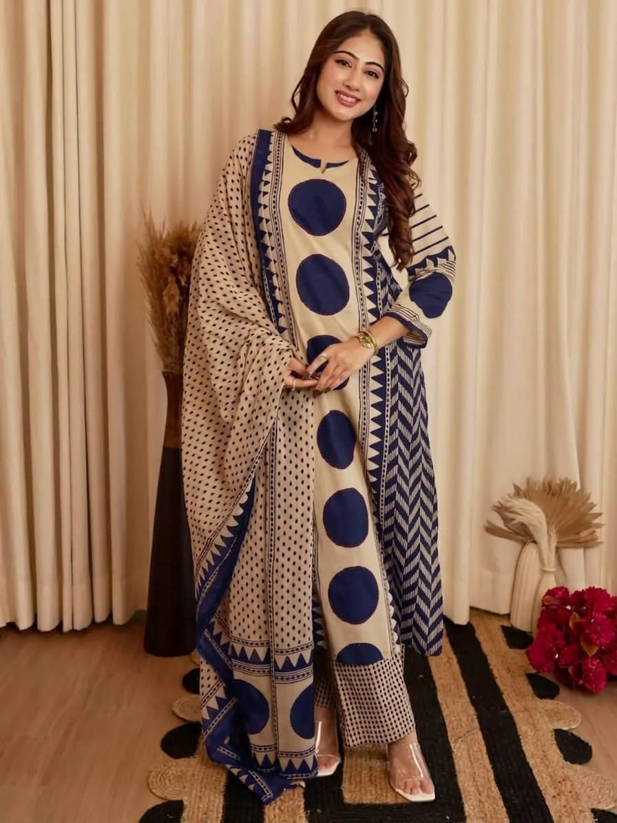 Peach & Blue Printed Viscose Straight Kurta Set with Pants & Dupatta