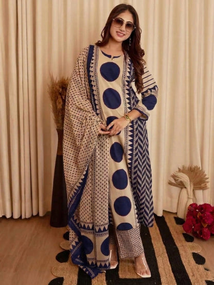 Peach & Blue Printed Viscose Straight Kurta Set with Pants & Dupatta