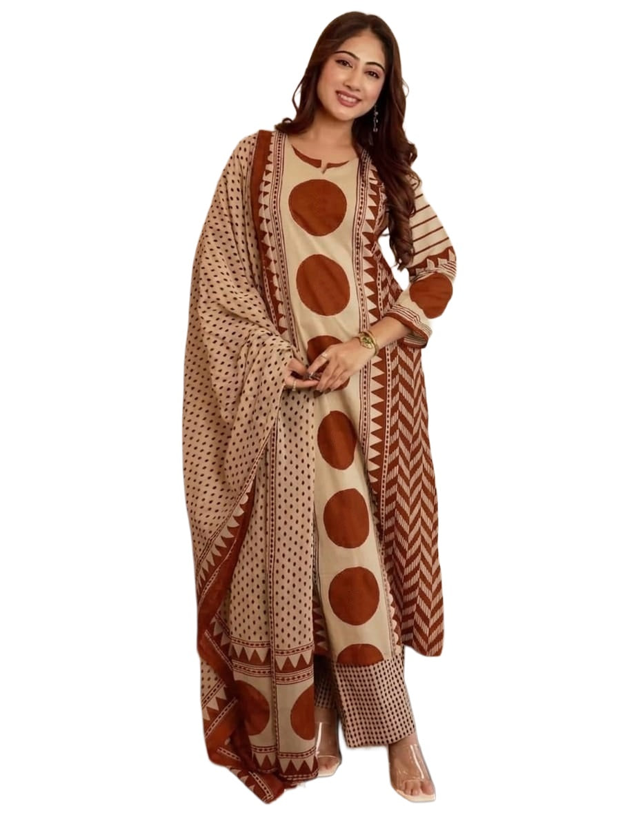 Rust Printed Viscose Straight Kurta Set with Pants & Dupatta