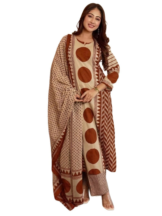 Rust Printed Viscose Straight Kurta Set with Pants & Dupatta
