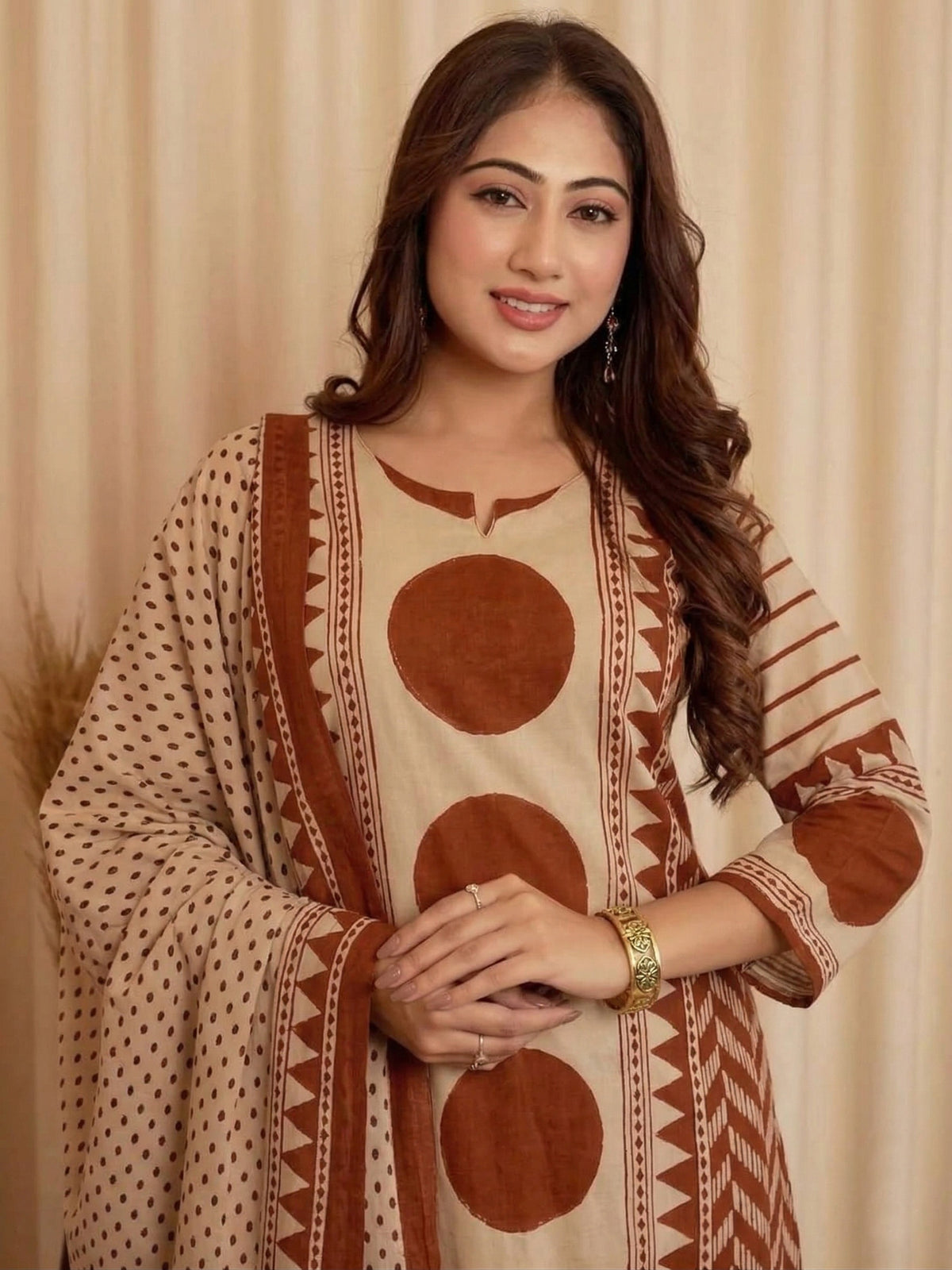 Rust Printed Viscose Straight Kurta Set with Pants & Dupatta