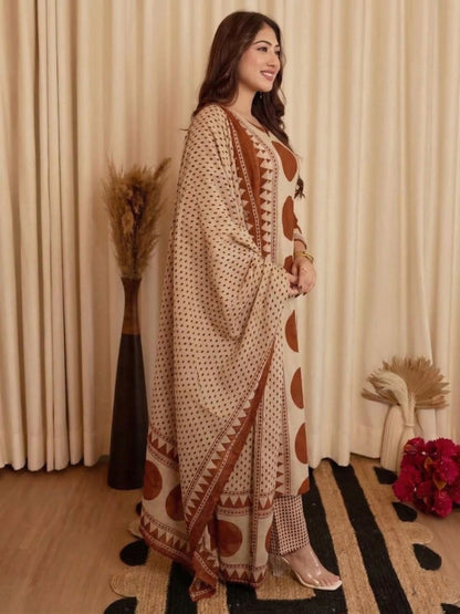 Rust Printed Viscose Straight Kurta Set with Pants & Dupatta