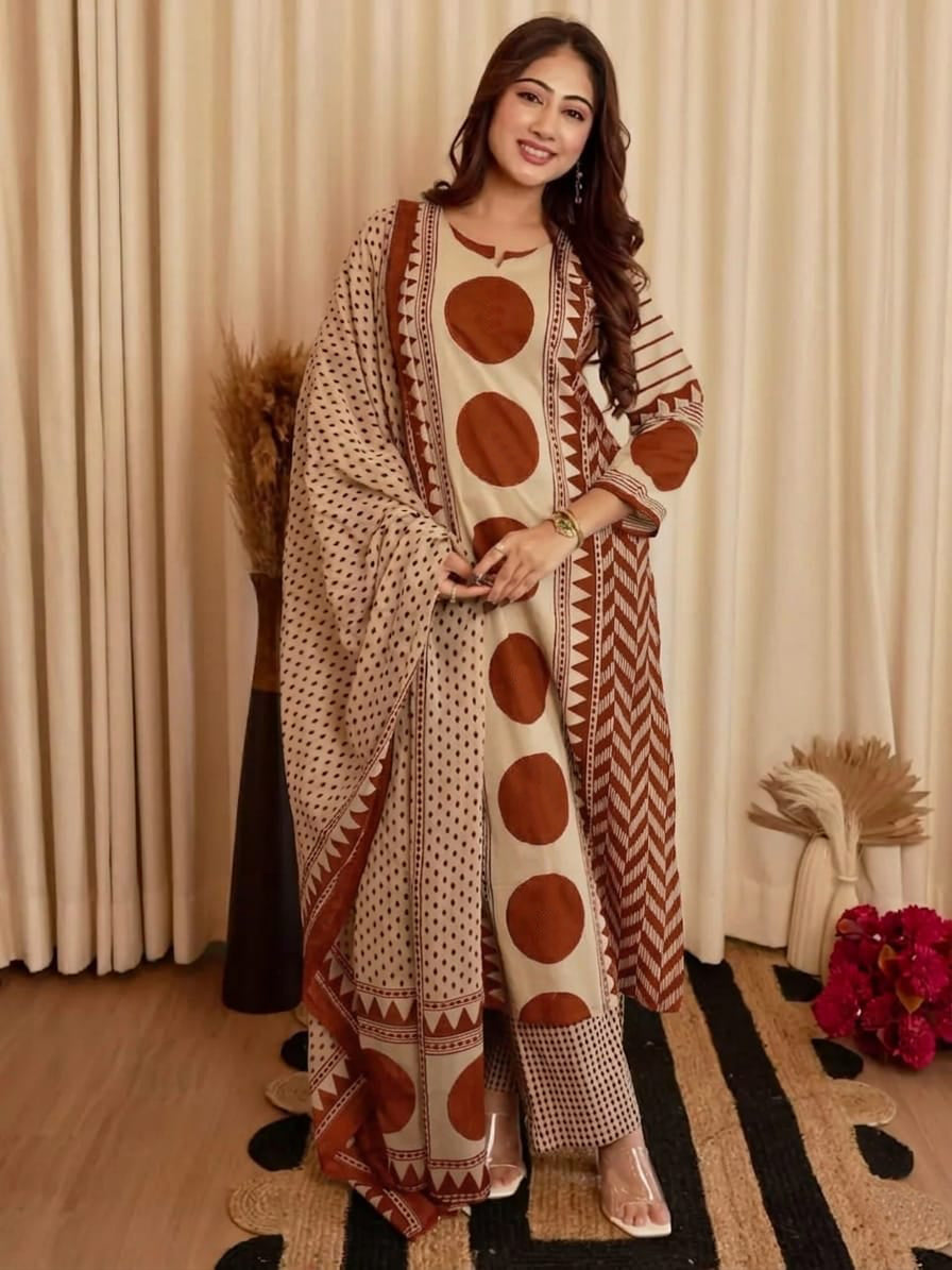 Rust Printed Viscose Straight Kurta Set with Pants & Dupatta