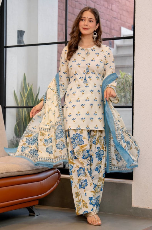 White Viscose Short Kurti with Printed Palazzo