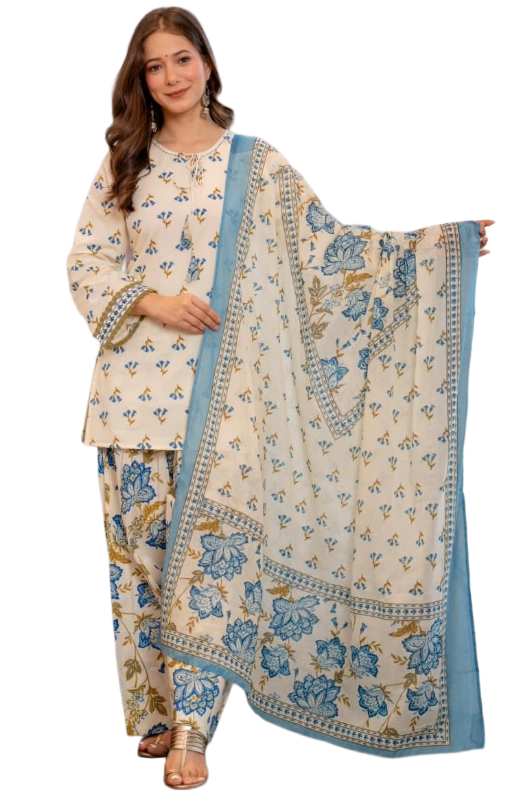 White Viscose Short Kurti with Printed Palazzo