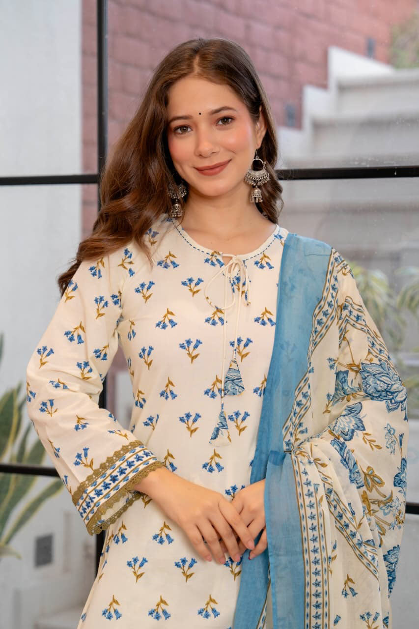 White Viscose Short Kurti with Printed Palazzo