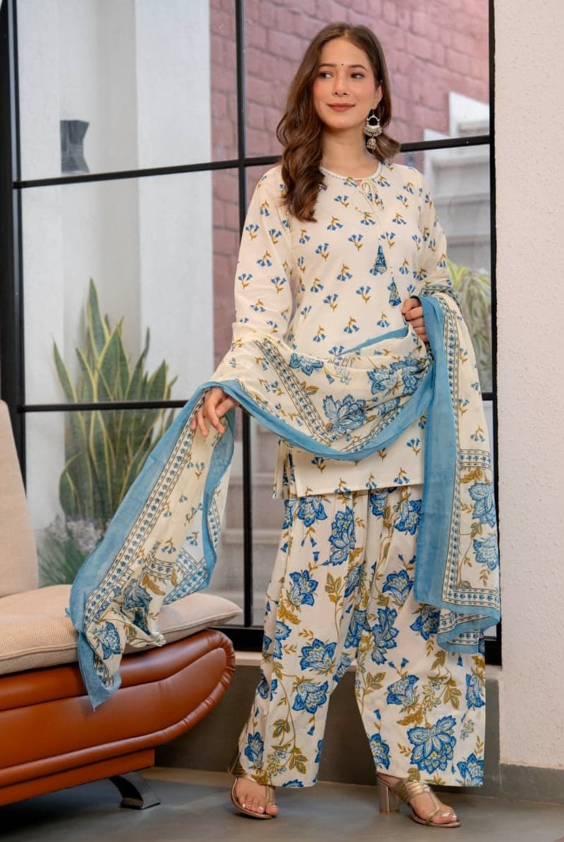 White Viscose Short Kurti with Printed Palazzo
