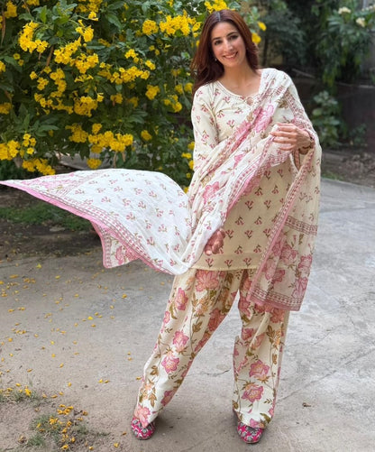 White Printed Viscose Short Kurta Set with Pants & Dupatta
