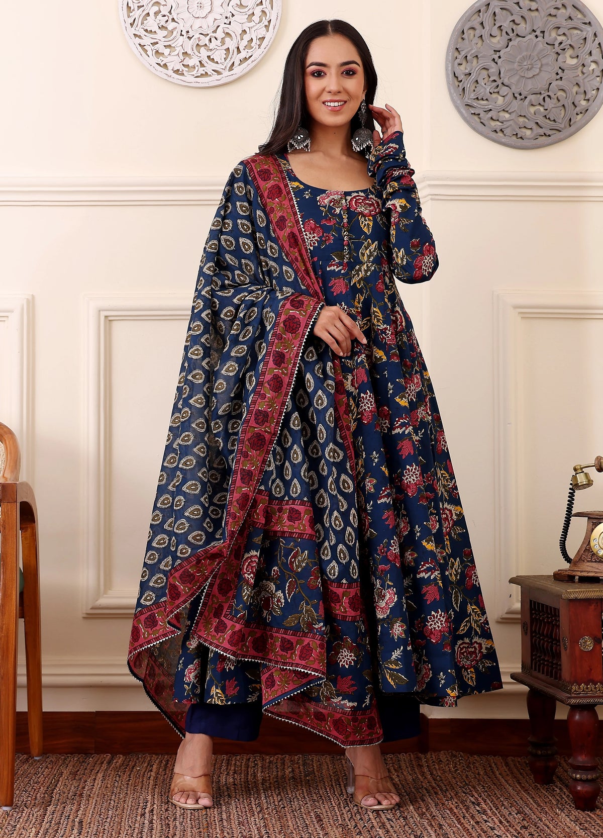 Printed Viscose Anarkali Kurta Set with Pants & Dupatta
