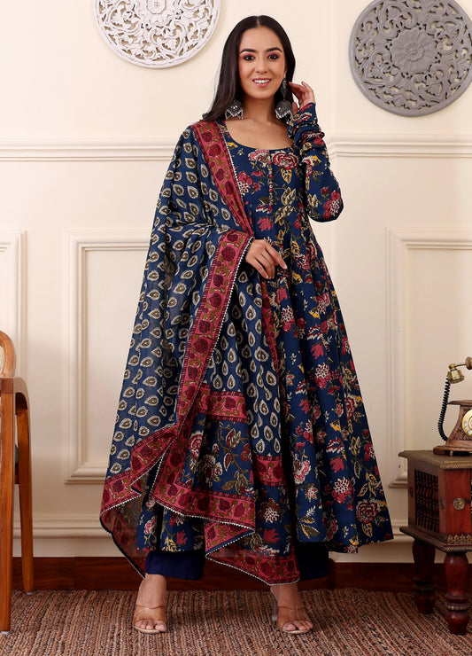 Printed Viscose Anarkali Kurta Set with Pants & Dupatta