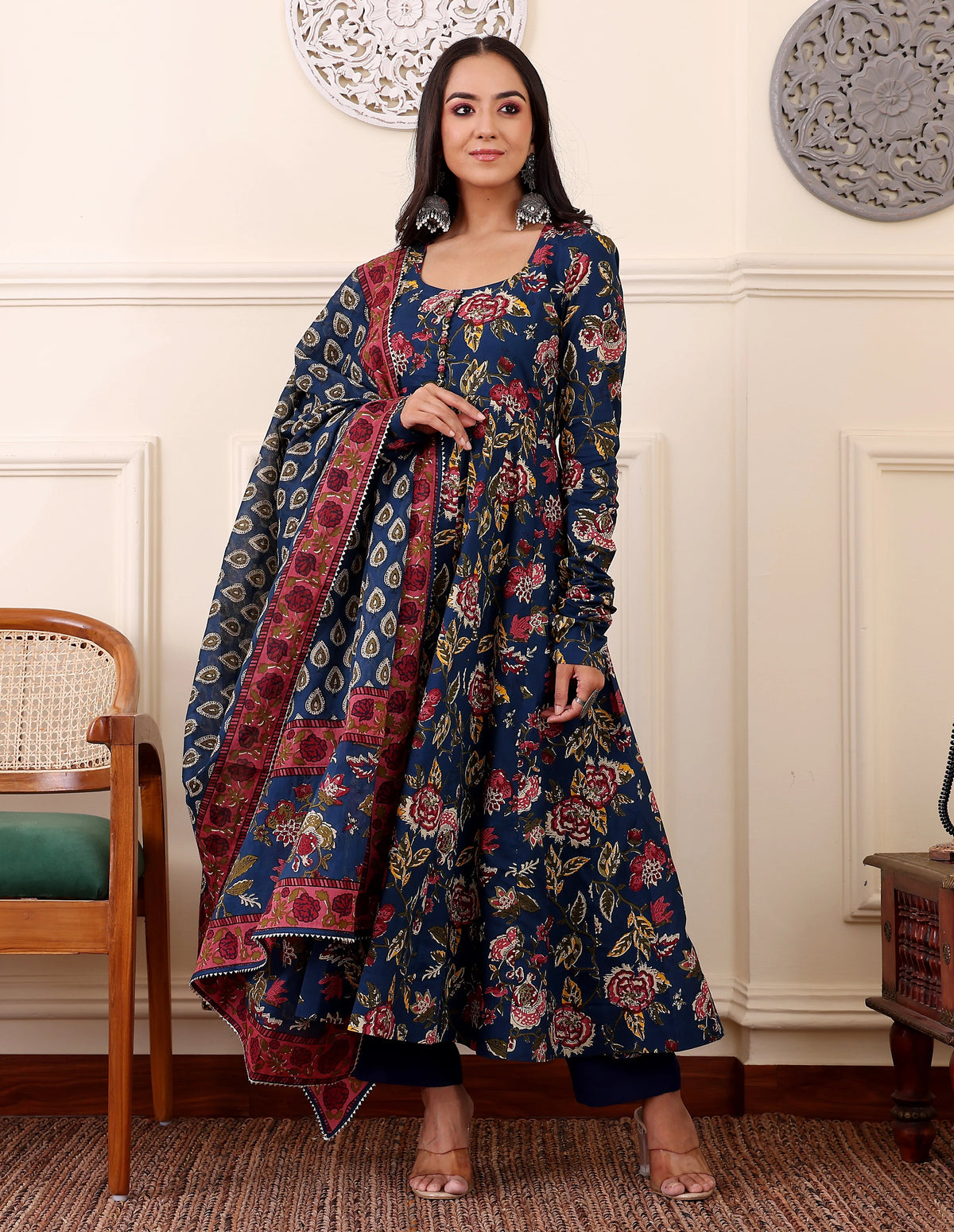 Printed Viscose Anarkali Kurta Set with Pants & Dupatta