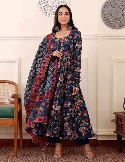Printed Viscose Anarkali Kurta Set with Pants & Dupatta