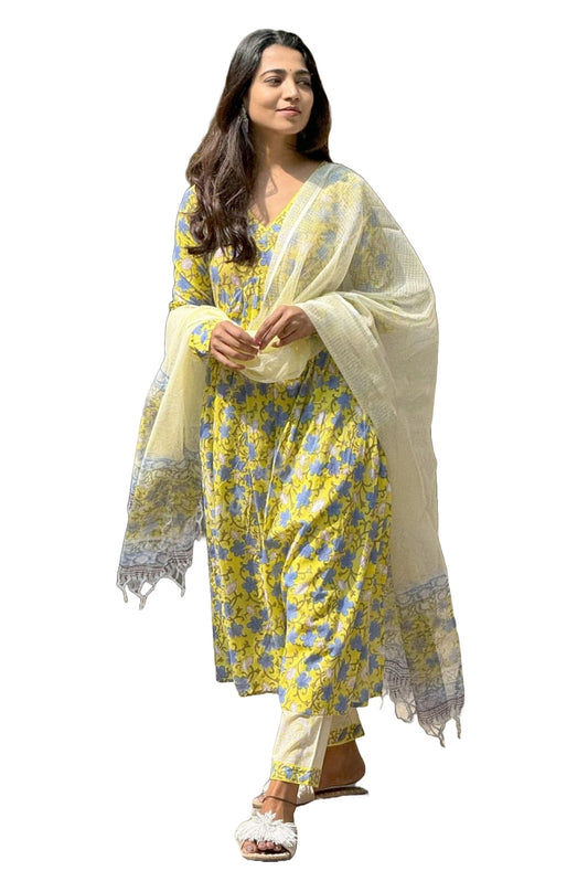 Yellow Printed Viscose Anarkali Kurta Set with Pants & Dupatta