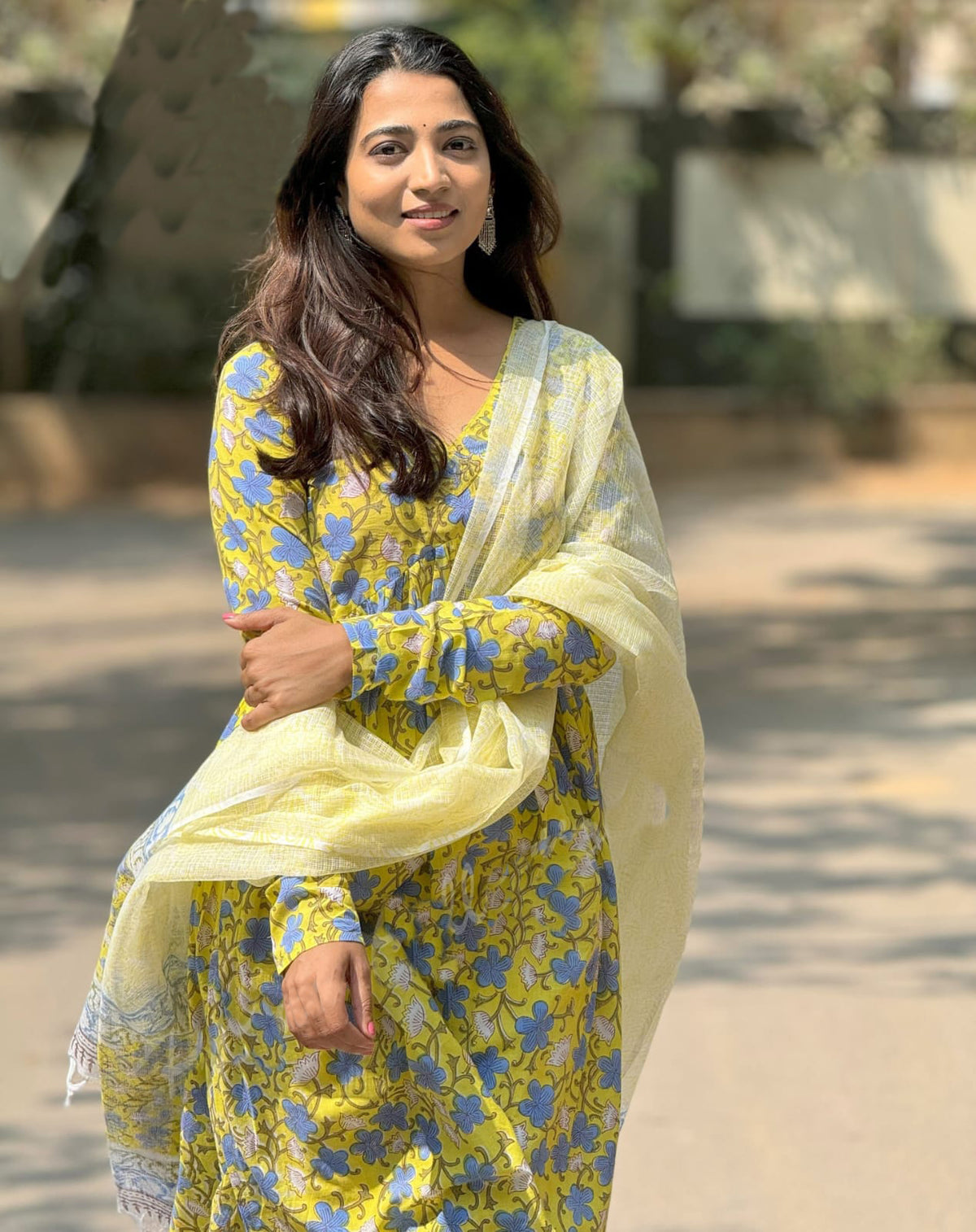 Yellow Printed Viscose Anarkali Kurta Set with Pants & Dupatta