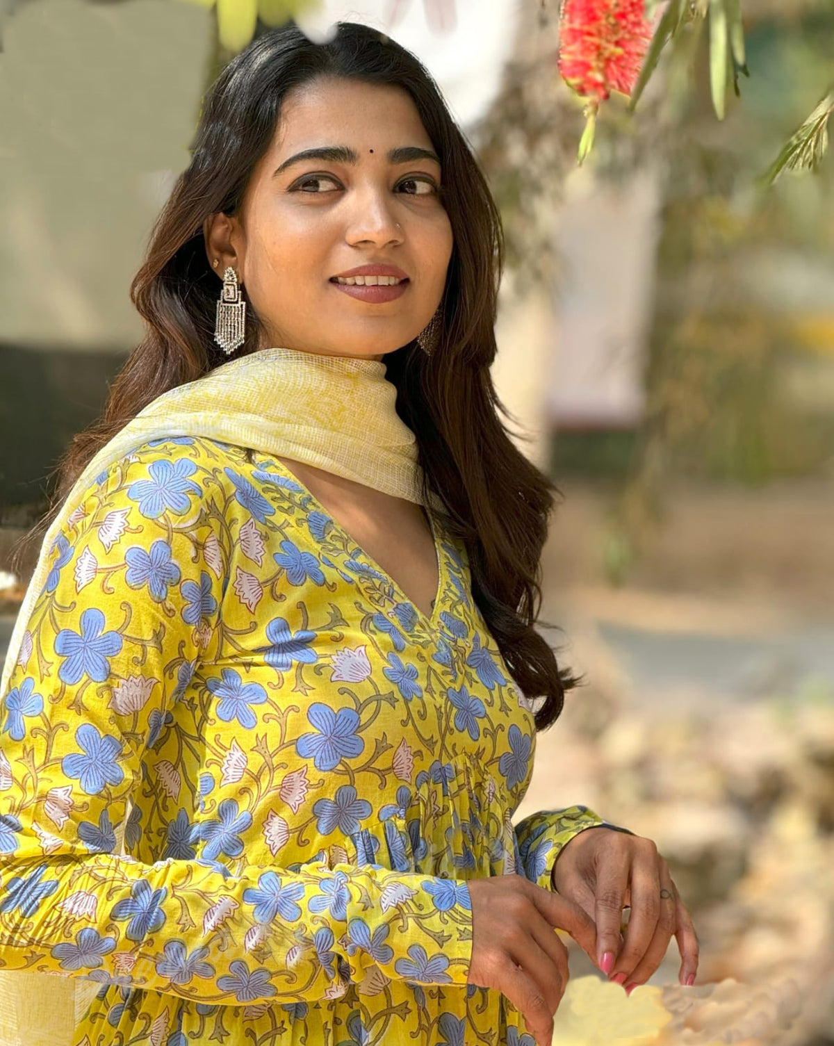 Yellow Printed Viscose Anarkali Kurta Set with Pants & Dupatta