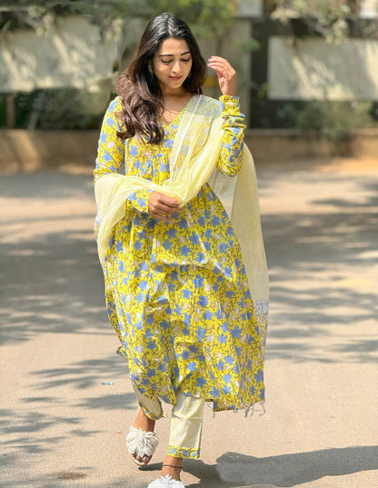 Yellow Printed Viscose Anarkali Kurta Set with Pants & Dupatta