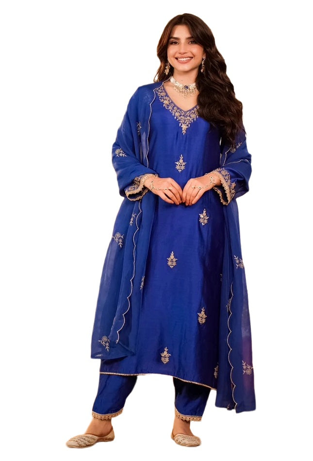 Blue Viscose Kurta Pant Set with Dupatta