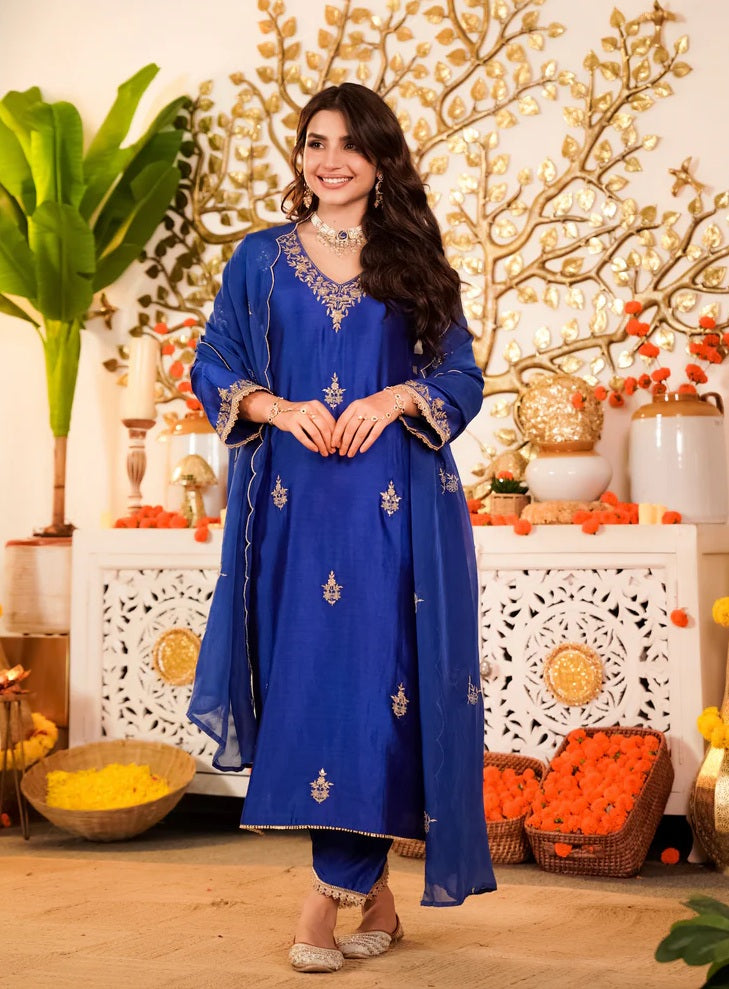 Blue Viscose Kurta Pant Set with Dupatta