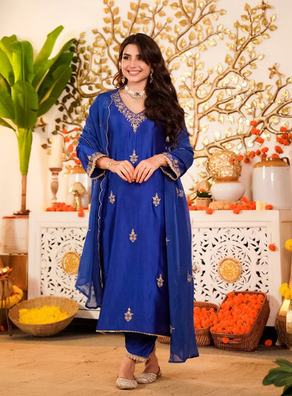 Blue Viscose Kurta Pant Set with Dupatta