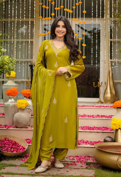 Green Viscose Kurta Pant Set with Dupatta