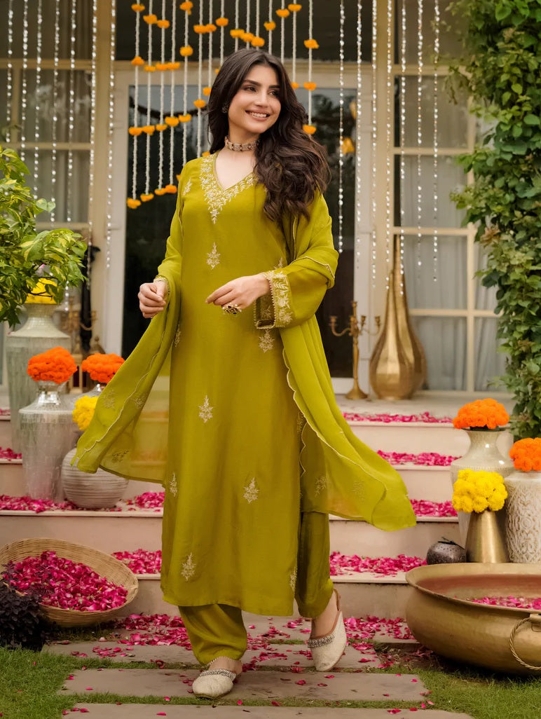Green Viscose Kurta Pant Set with Dupatta
