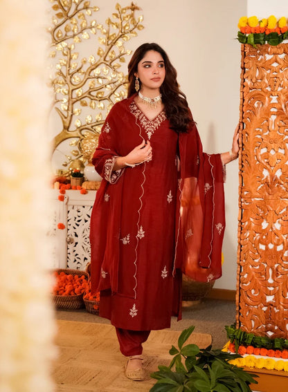 Red Viscose Kurta Pant Set with Dupatta