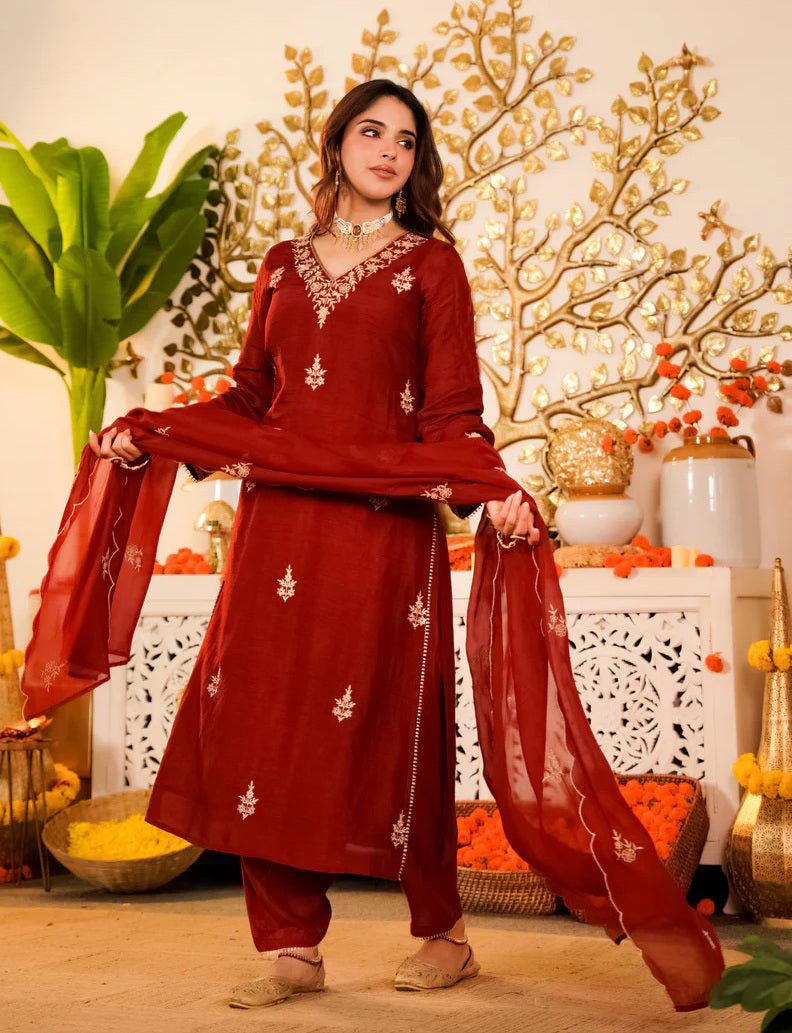 Red Viscose Kurta Pant Set with Dupatta