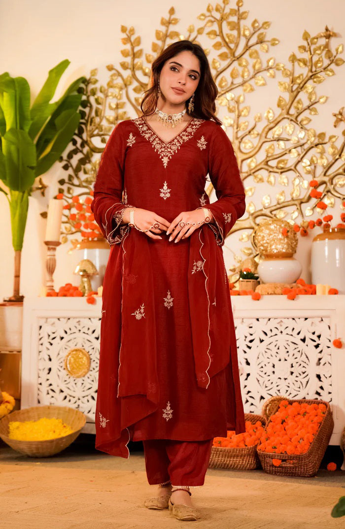 Red Viscose Kurta Pant Set with Dupatta