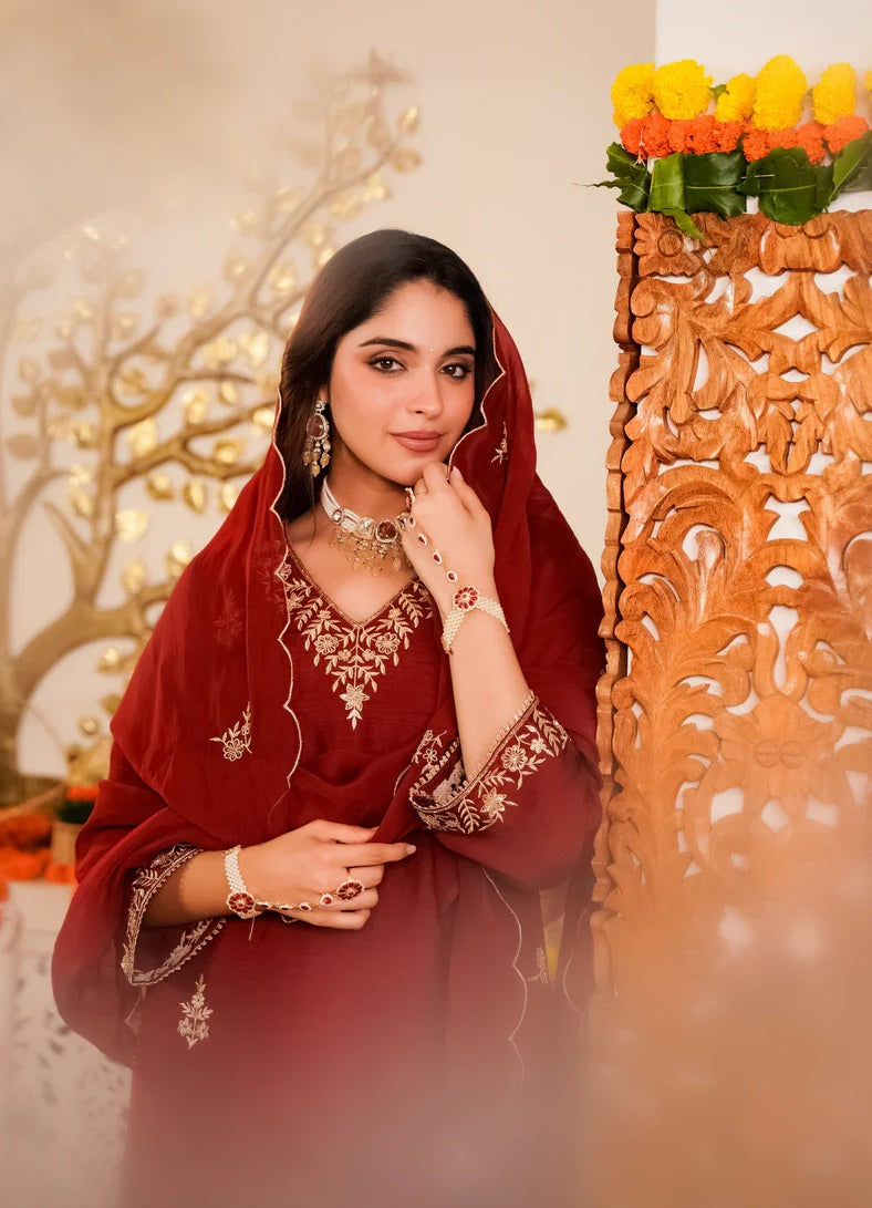Red Viscose Kurta Pant Set with Dupatta
