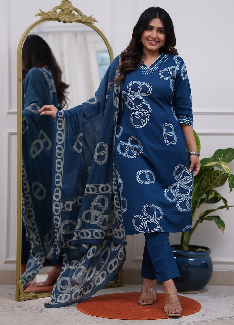 Blue Printed Viscose Kurta Set with Pants & Dupatta