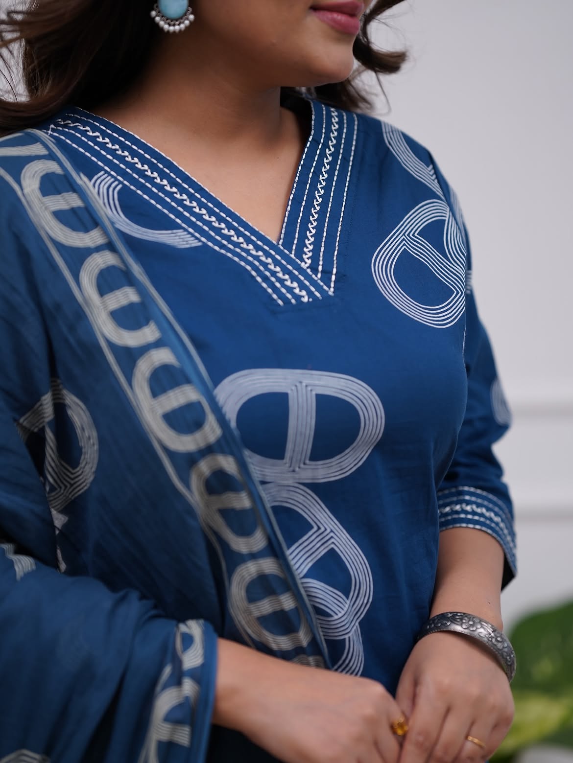 Blue Printed Viscose Kurta Set with Pants & Dupatta