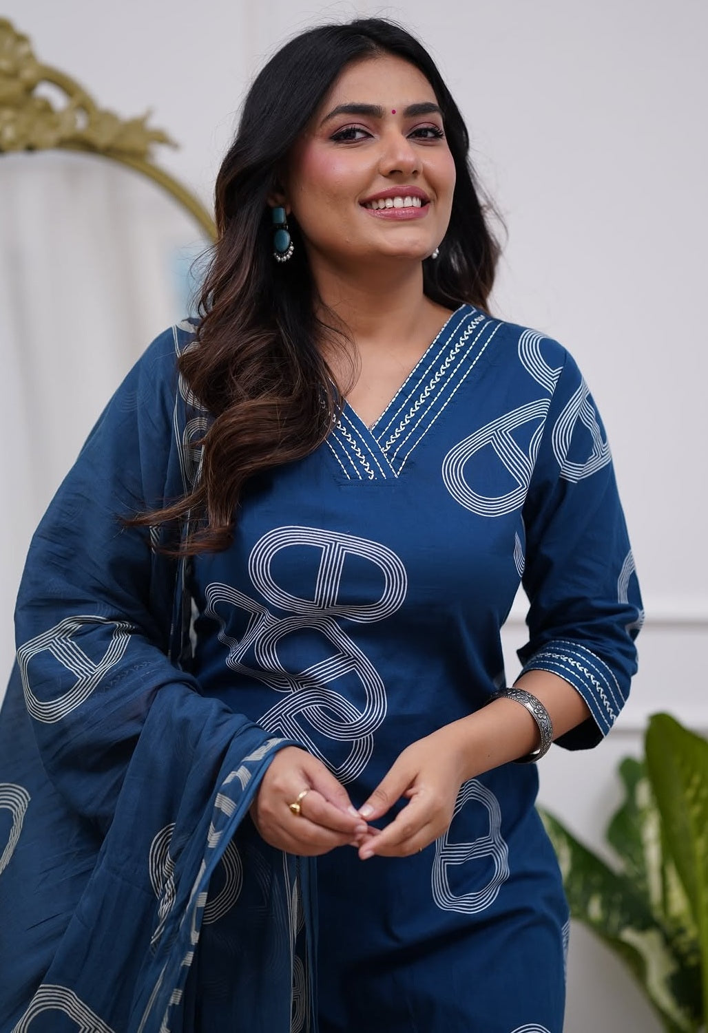Blue Printed Viscose Kurta Set with Pants & Dupatta