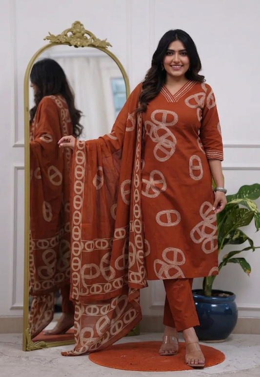 Orange Printed Viscose Kurta Set with Pants & Dupatta