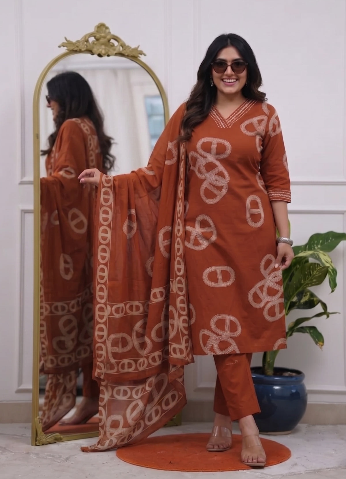 Orange Printed Viscose Kurta Set with Pants & Dupatta